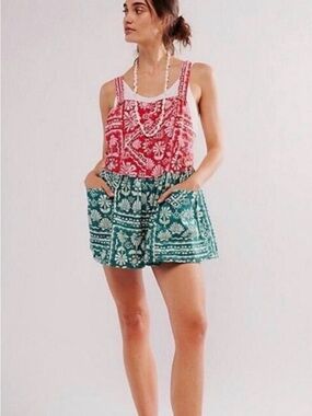 Free People Two-Tone Printed Summer Romper in Red & Teal size M
